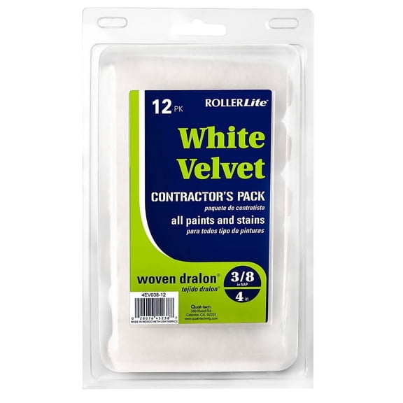 RollerLite White Velvet 4EWV038-12 Mini Roller Cover, 3/8 in Thick Nap, 4 in L, Dralon Fabric Cover, White