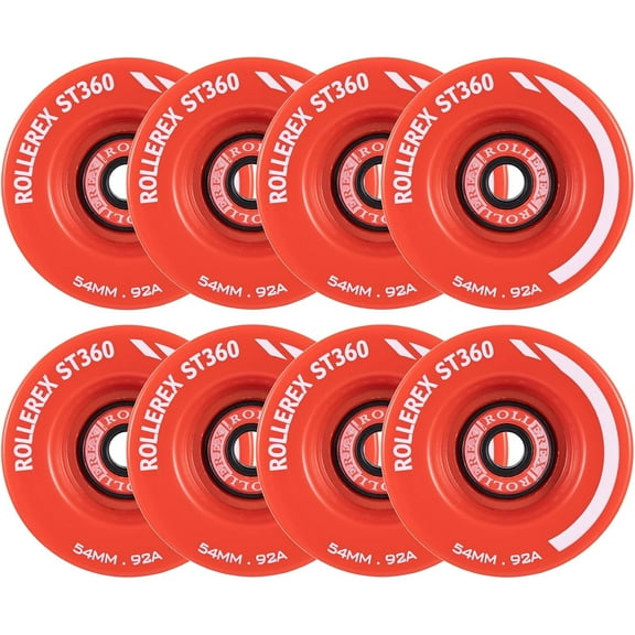 Rollerex ST360 92A 54mm x 32mm Roller Skate Wheels (8-Pack w/ Bearings, Spacers and Washers) (Color Options) - Indoor Outdoor - Use for Quad Skate Wheel Replacement (Rocket Red)