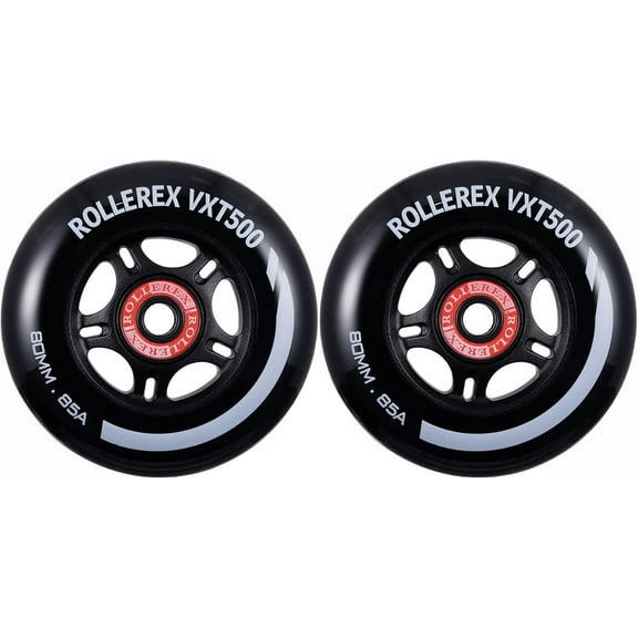 Rollerex VXT100 85A Kids Inline Skate Wheels (2 wheels w/ bearings, spacers and washers) (Steel Black) (Size Options) Use on Roller Blades, RipStiks (80mm)