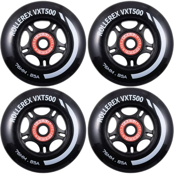 Rollerex VXT500 85A Inline Skate Wheels (4-pack w/ bearings, spacers & washers) (Size & Color Options) -Indoor Outdoor- Intended for Roller Blade Wheel Replacement (80mm, Steel Black)