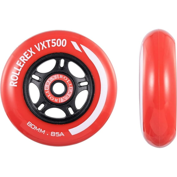 Rollerex VXT500 Inline Skate Wheels (2-pack w/ bearings, spacers and washers) - Use on Roller Blades, RipStiks, Luggage, Baggage or Wheelchairs (Rocket Red, 72mm)