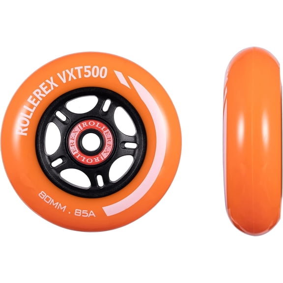 Rollerex VXT500 Inline Skate Wheels (2-pack w/ bearings, spacers and washers) - Use on Roller Blades, RipStiks, Luggage, Baggage or Wheelchairs (Sunrise Orange, 80mm)
