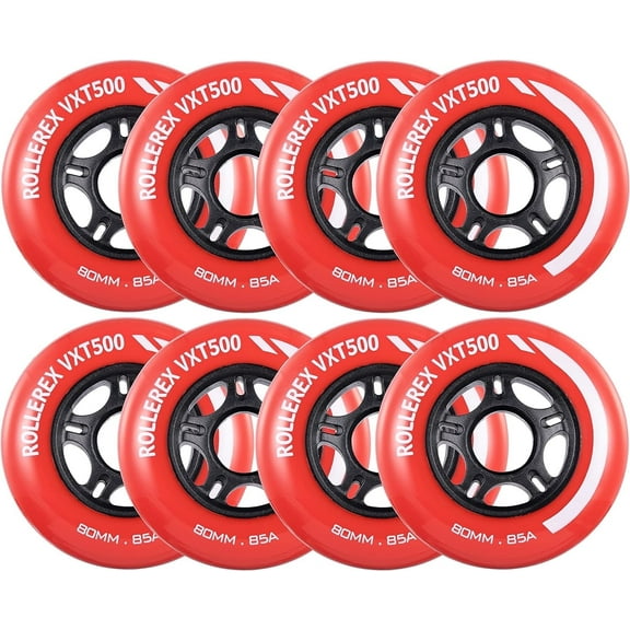 Rollerex VXT500 Inline Skate Wheels (8-Pack) (Various Size & Color Options Available) -Indoor Outdoor- Intended for Roller Blade Wheel Replacement Rocket Red 72mm