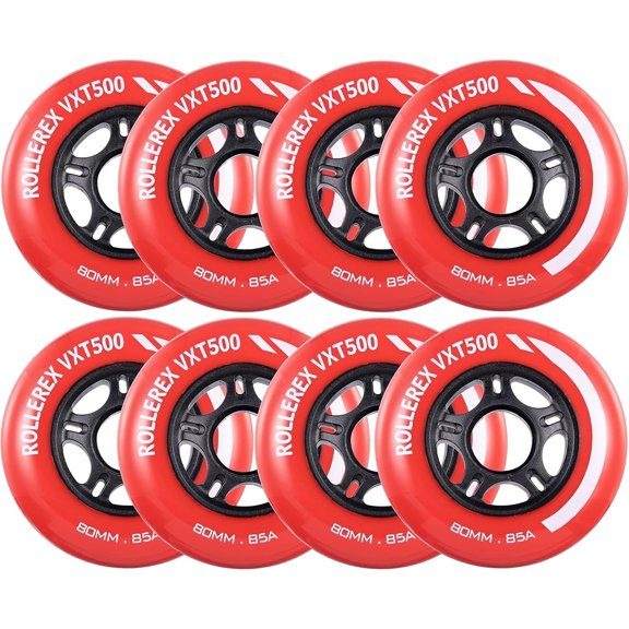 Rollerex VXT500 Inline Skate Wheels (8-Pack) (Various Size & Color Options Available) -Indoor Outdoor- Intended for Roller Blade Wheel Replacement (Rocket Red, 76mm)