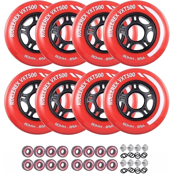 Rollerex VXT500 Inline Skate Wheels (Various Size & Color Options Available) (72mm Rocket Red (8 wheels w/ bearings, spacers and washers)) -Indoor Outdoor- Intended for Roller Blade Wheel Replacement