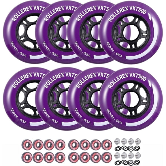 Rollerex VXT500 Inline Skate Wheels (Various Size & Color Options Available) (72mm Royal Purple (8 wheels w/ bearings, spacers and washers)) -Indoor Outdoor- Intended for Roller Blade Wheel Replacing