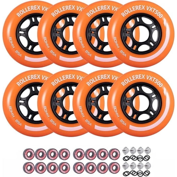 Rollerex VXT500 Inline Skate Wheels (Various Size & Color Options Available) (72mm Sunrise Orange (8 wheels w/ bearings, spacers and washers)) -Indoor Outdoor- Intended to Replace Roller Blade Wheels