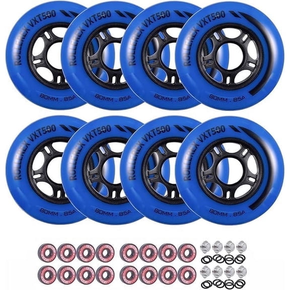 Rollerex VXT500 Inline Skate Wheels (Various Size & Color Options Available) (80mm Deep Sea Blue (8 wheels w/ bearings, spacers and washers))-Indoor Outdoor-Intended for Roller Blade Wheel Replacing