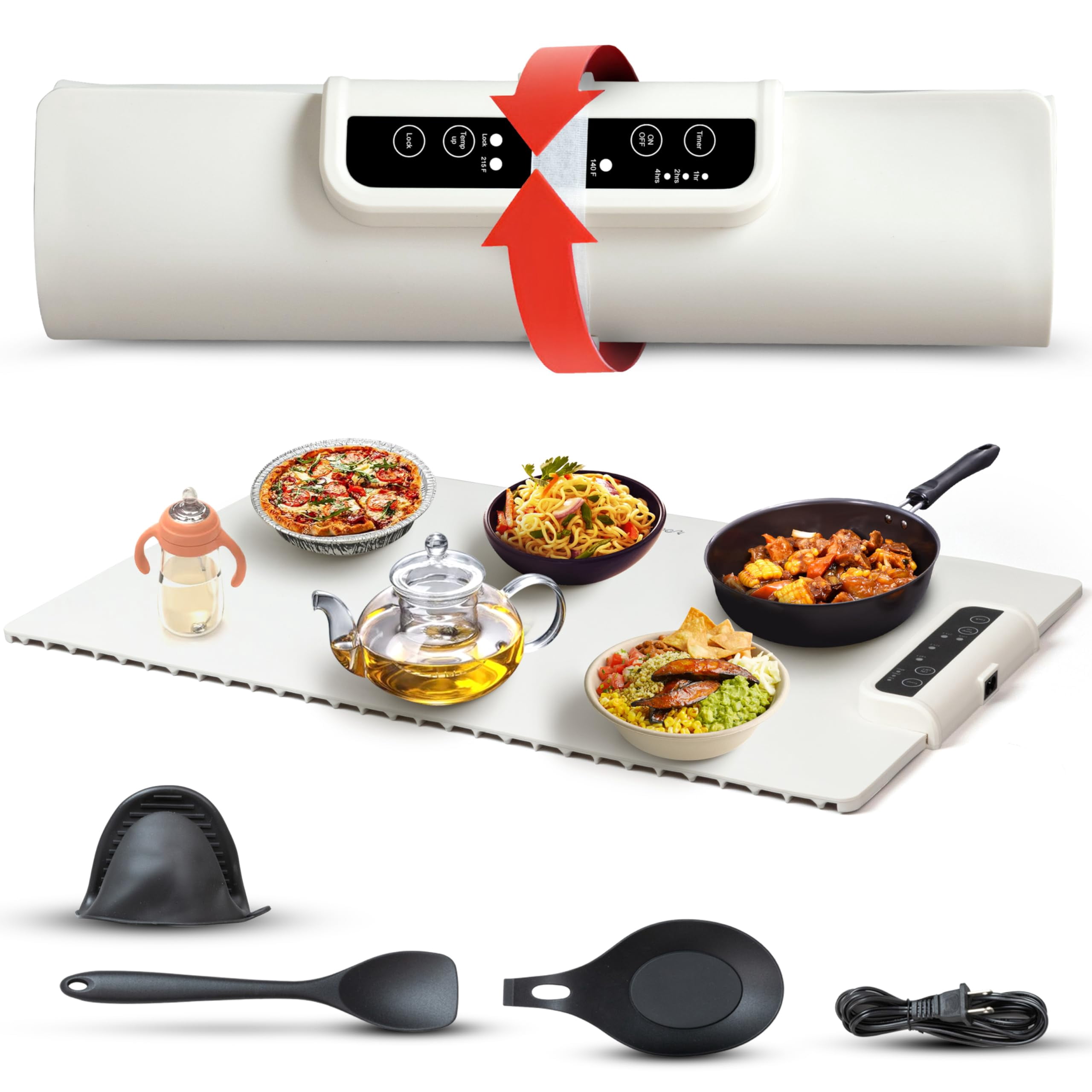 2-Pack Electric Food Warming Mats - Roll-Up Silicone Heating Pads With 3 Temps, Timer, Child Lock For Countertop & Travel
