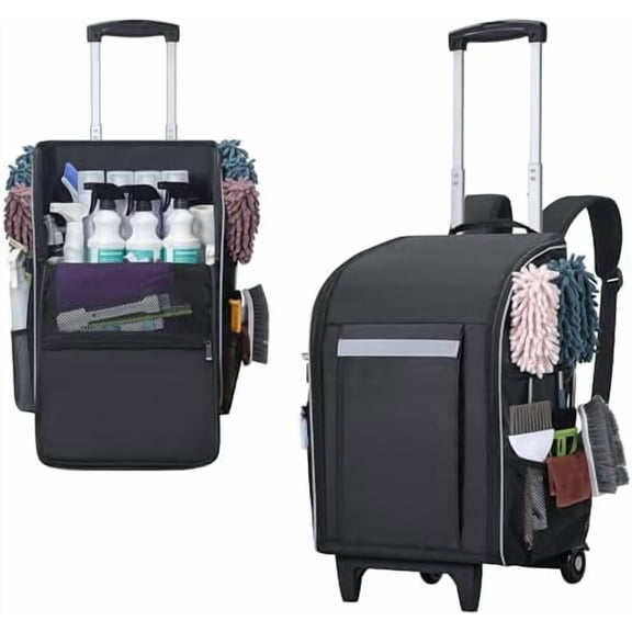 RolliNG cLEANING cADDY bACKPACK WITH wHEELS, lARGE cAPACITY cLEANING sUPPLY oRGANIZER bAG WITH dETACHABLE tROLLEY & bACKPACK sTRAP, wATER-rESISTANT cLEANING bAG FOR hOUSKEEPER cLEANER