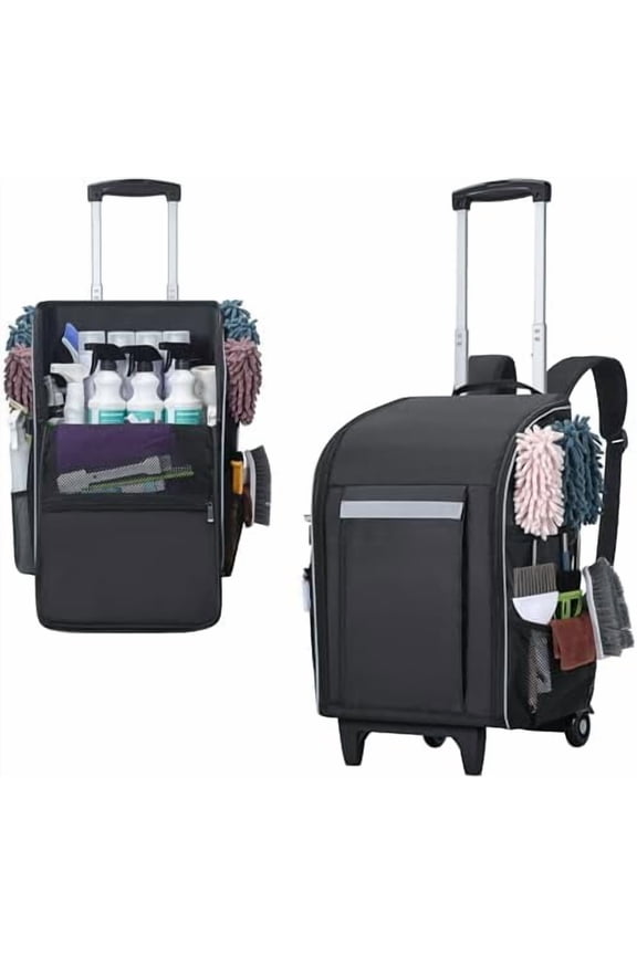 RolliNG cLEANING cADDY bACKPACK WITH wHEELS, lARGE cAPACITY cLEANING sUPPLY oRGANIZER bAG WITH dETACHABLE tROLLEY & bACKPACK sTRAP, wATER-rESISTANT cLEANING bAG FOR hOUSKEEPER cLEANER