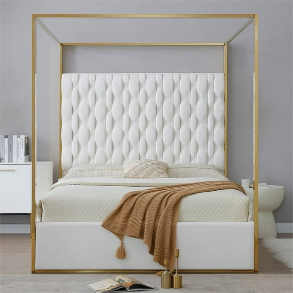 Rollie Canopy Vegan Leather Upholstered King Bed Frame In Cream