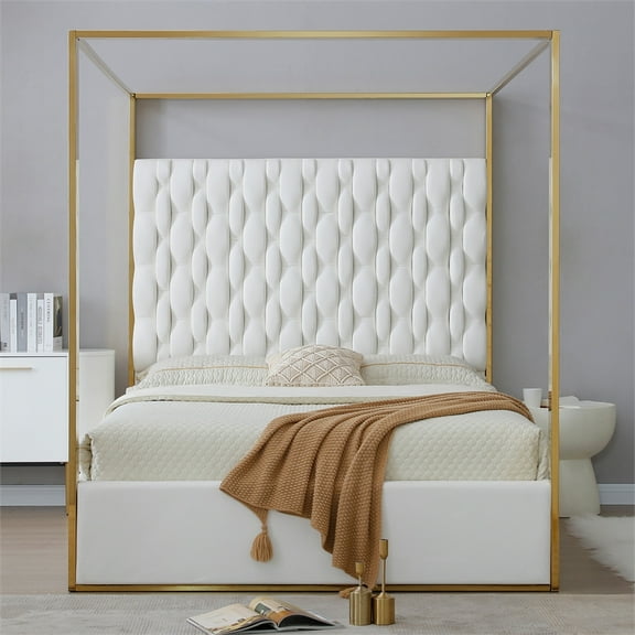 Rollie Canopy Vegan Leather Upholstered Queen Bed Frame In Cream