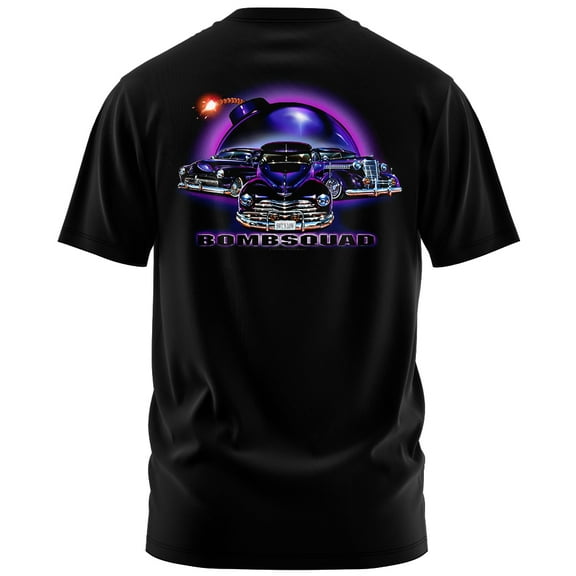 Rollin Hard Men's Bombsquad Lowrider black heavyweight classic boxy fit front and back print graphic tee shirt