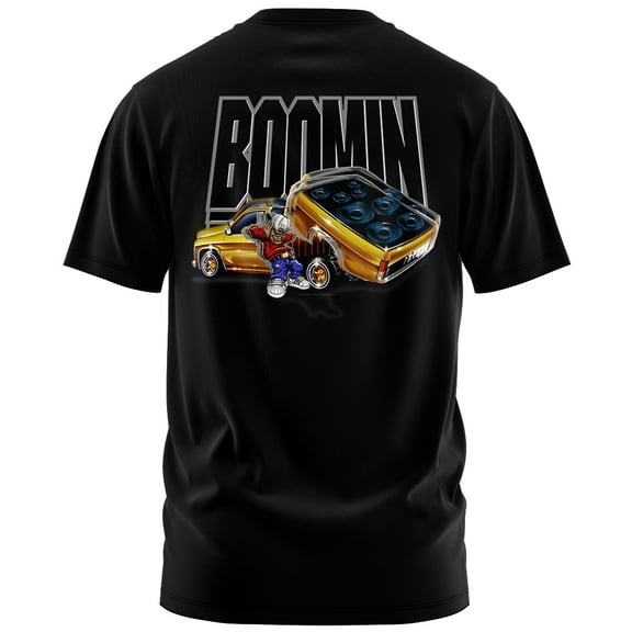 Rollin Hard Men's Boomin Lowrider black Big & Tall heavyweight cotton classic boxy fit front and back print graphic tee shirt