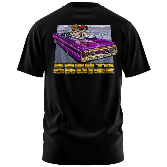 Rollin Hard Men's Born to Cruise Lowrider black heavyweight classic boxy fit front and back print graphic tee shirt
