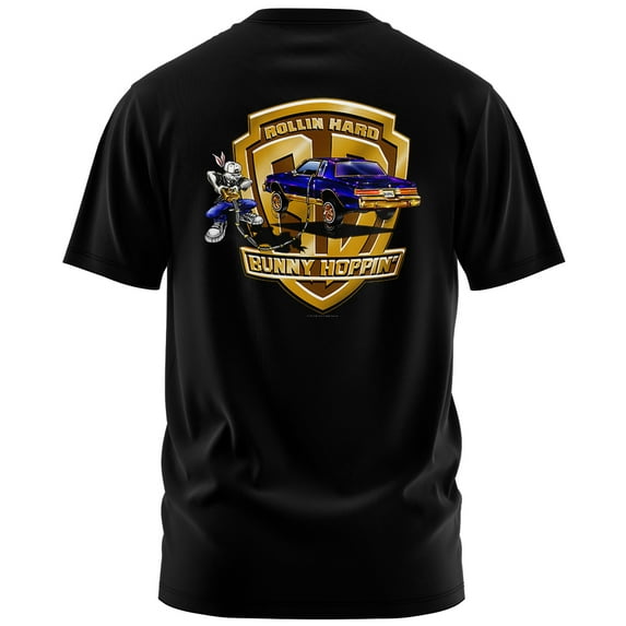 Rollin Hard Men's Bunny Hoppin Lowrider black heavyweight classic boxy fit front and back print graphic tee shirt