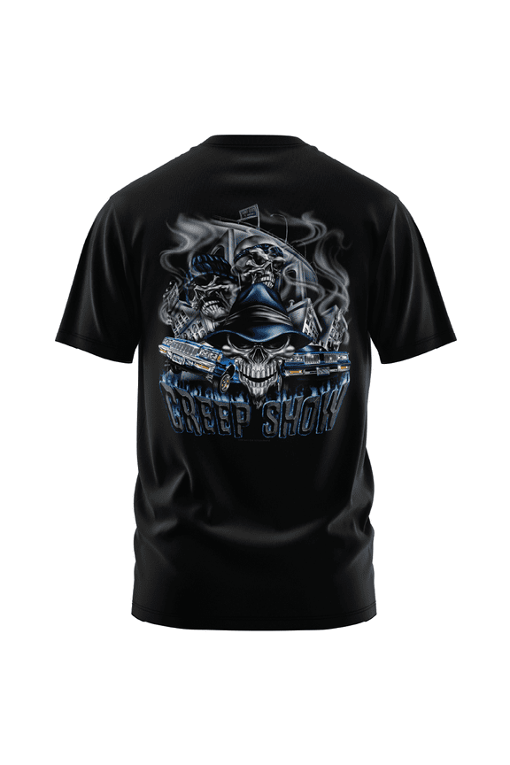 Men's Creep Show Lowrider black heavyweight classic boxy fit front and back print graphic tee shirt