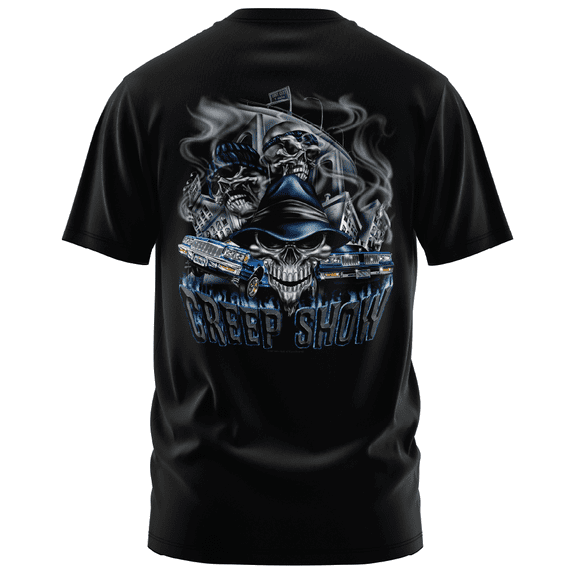 Rollin Hard Men's Creep Show Lowrider black heavyweight classic boxy fit front and back print graphic tee shirt