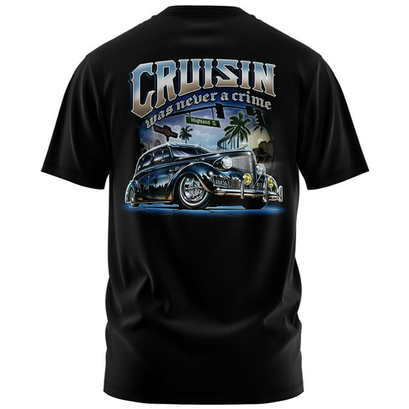 Rollin Hard Men's Cruisin Was Never a Crime Lowrider black heavyweight classic boxy fit front and back print graphic tee shirt