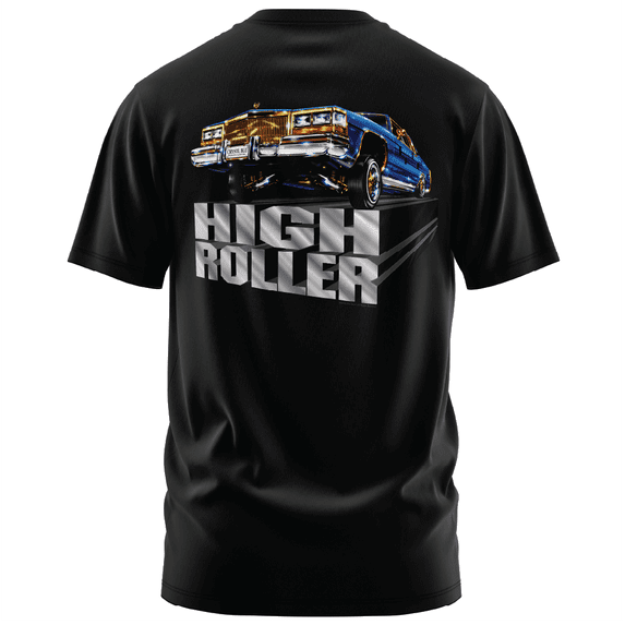 Rollin Hard Men's High Roller Lowrider black heavyweight classic boxy fit front and back print graphic tee shirt