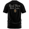 thumbnail image 1 of Rollin Hard Men's Real Men Ride Low Lowrider black Big & Tall heavyweight cotton classic boxy fit front and back print graphic tee shirt, 1 of 5