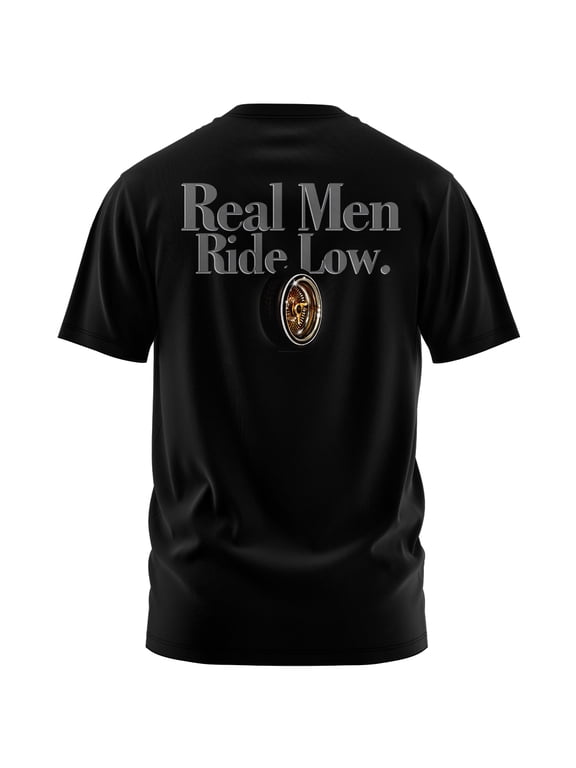 Men's Real Men Ride Low Lowrider black heavyweight classic boxy fit front and back print graphic tee shirt