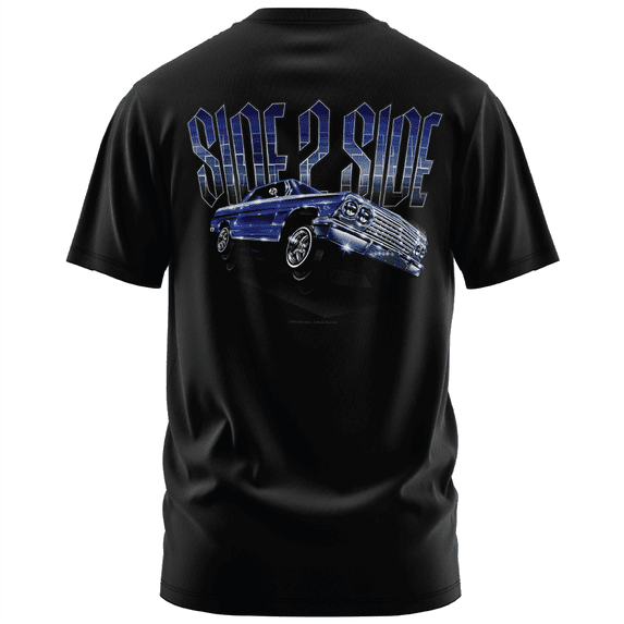 Rollin Hard Men's Side to Side Lowrider black heavyweight classic boxy fit front and back print graphic tee shirt
