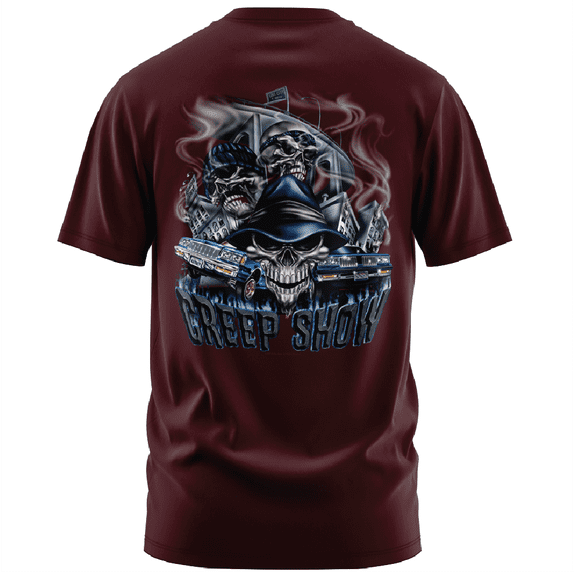 Rollin Hard men's Creep Show Lowrider burgundy classic fit front and back print graphic tee shirt