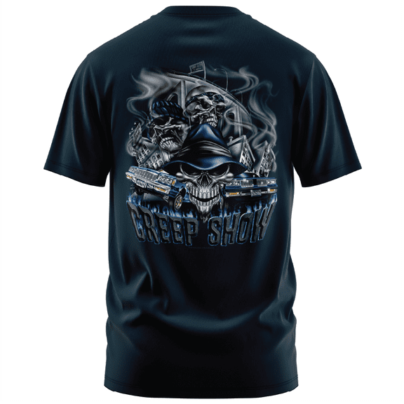 Rollin Hard men's Creep Show Lowrider navy classic fit front and back print graphic tee shirt