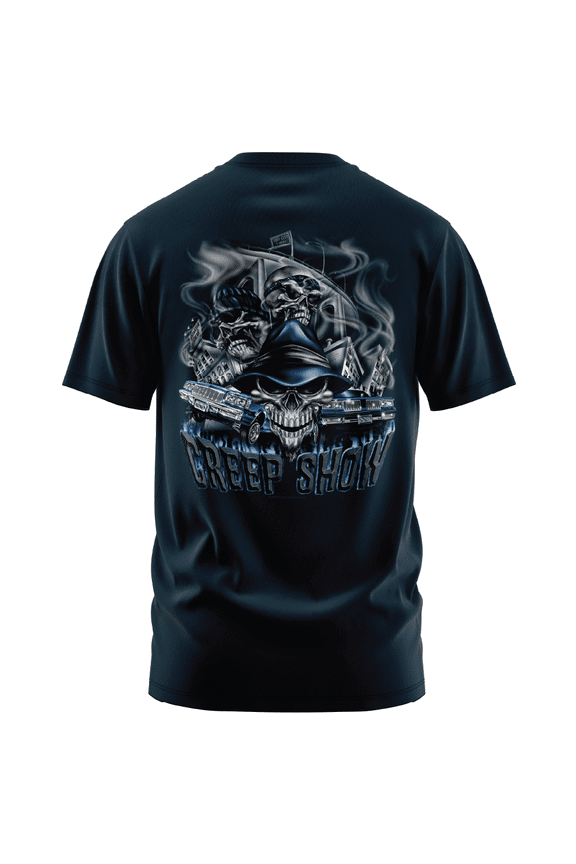 men's Creep Show Lowrider navy classic fit front and back print graphic tee shirt