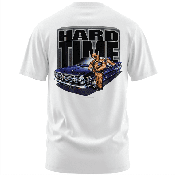 Rollin Hard men's Hard Time Lowrider white classic fit front and back print graphic tee shirt