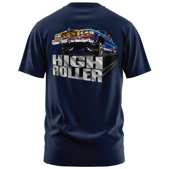 Rollin Hard men's High Roller Lowrider navy classic fit front and back print graphic tee shirt