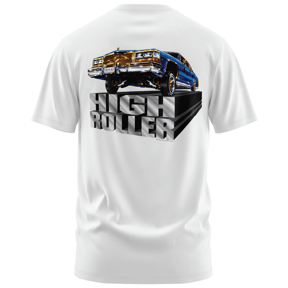 Rollin Hard men's High Roller Lowrider white classic fit front and back print graphic tee shirt