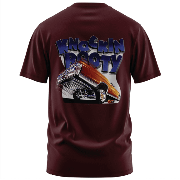 Rollin Hard men's Knockin Booty Lowrider burgundy classic fit front and back print graphic tee shirt