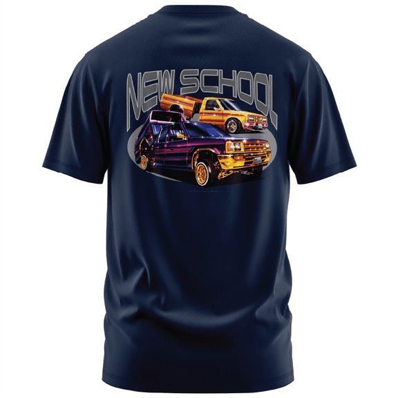 Rollin Hard men's New School Lowrider navy classic fit front and back print graphic tee shirt