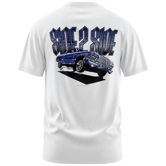 Rollin Hard men's Side to Side Lowrider white classic fit front and back print graphic tee shirt