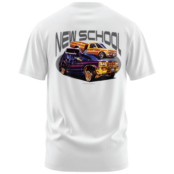 Rollin Hard men's New School Lowrider white classic fit front and back print graphic tee shirt