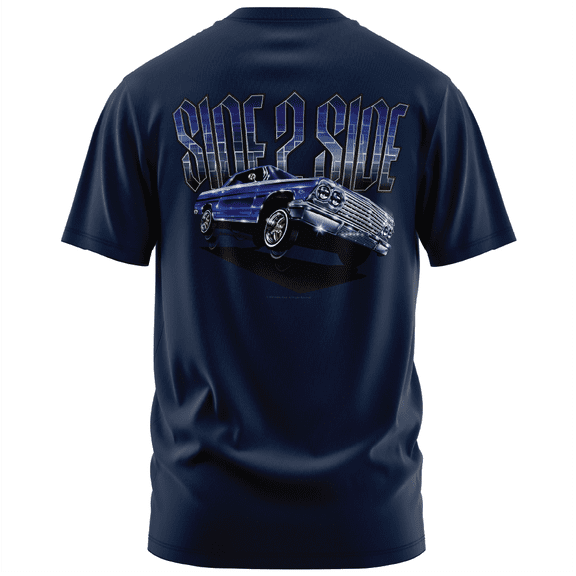 Rollin Hard men's Side to Side Lowrider navy classic fit front and back print graphic tee shirt