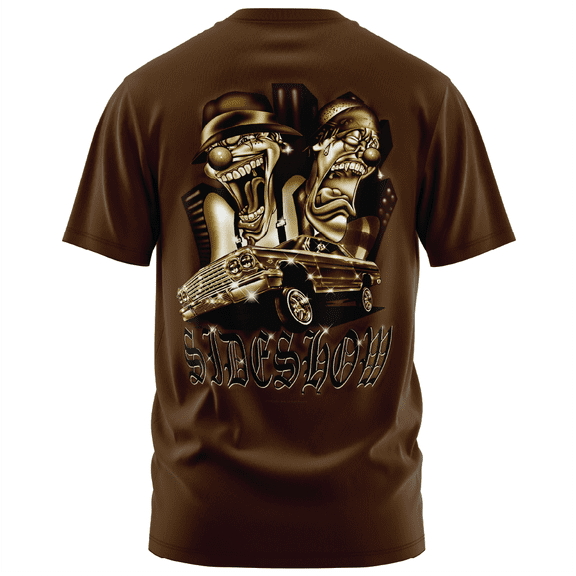 Rollin Hard men's Sideshow Lowrider brown classic fit front and back print graphic tee shirt