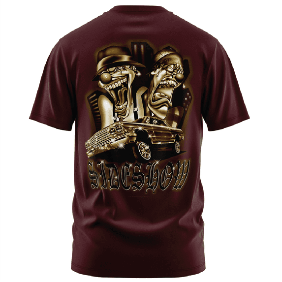Rollin Hard men's Sideshow Lowrider burgundy classic fit front and back print graphic tee shirt