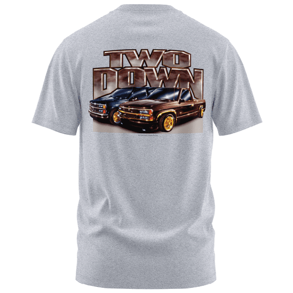 Rollin Hard men's Two Down Lowrider athletic heather classic fit front and back print graphic tee shirt