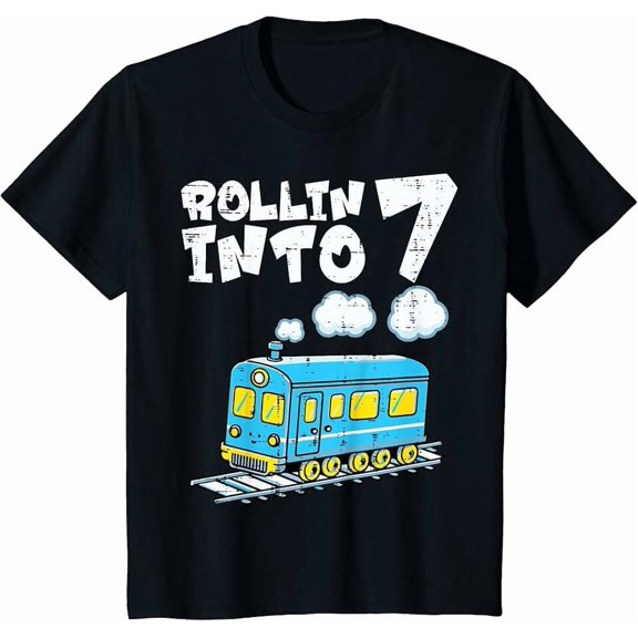 Rollin Into 7 Train Graphic T Shirt For 7 Year Old Boys Girls Funny 7Th Birthday Gift Unisex Short Sleeve Cotton Tee