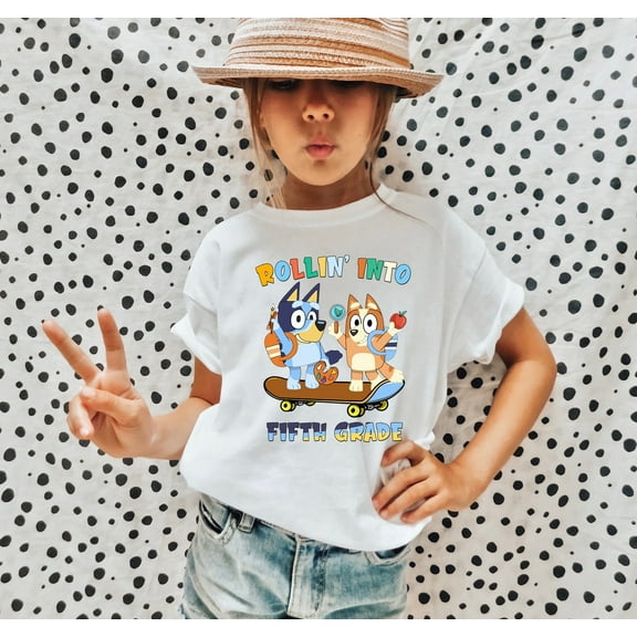 Rollin' Into Fifth Grade Bluey Bingo Youth T-shirt, Back to School Bluey Friends Shirt, Kids Toodler