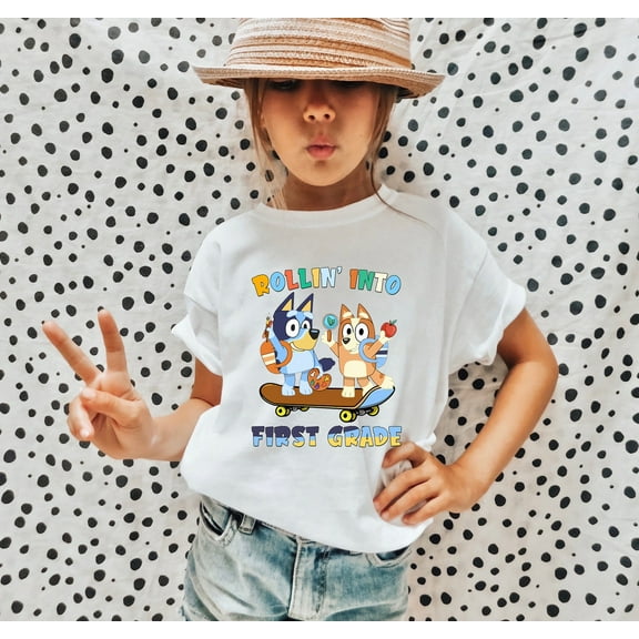 Rollin' Into First Grade Bluey Bingo Youth T-shirt, Back to School Bluey Friends Shirt, Kids Toodler