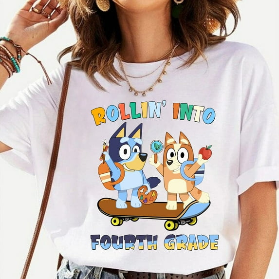 Rollin' Into Fourth Grade Bluey Bingo T-shirt, Back to School Bluey Friends Shirt