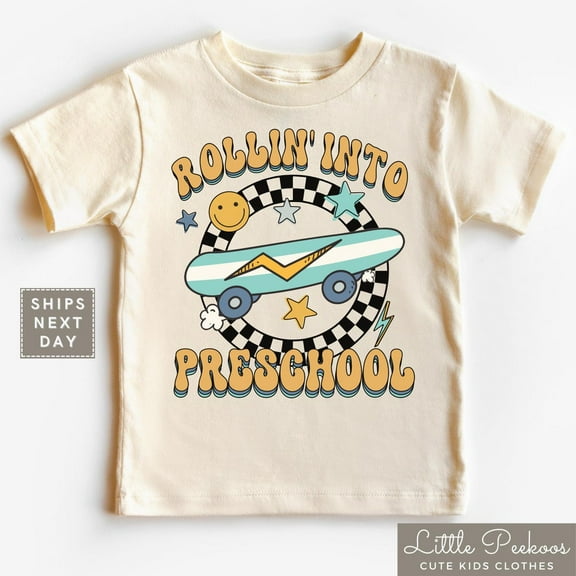 Rollin Into Preschool Toddler Tee - Retro Skateboard Shirt - Retro First Day Of Pre-School Kids Tshirt - Back To School Shirt TODDLER SHORT SLEEVE TEE BELLA CANVAS 3001T