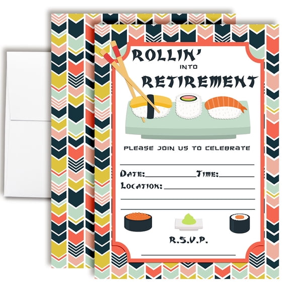 Rollin' Into Retirement Funny Sushi Retirement Party Invitations  20 Fill In the Blank Invites with Envelopes  5x7 Retirement Party Invitations for Women Men, Retirement Invites by Amanda Creation