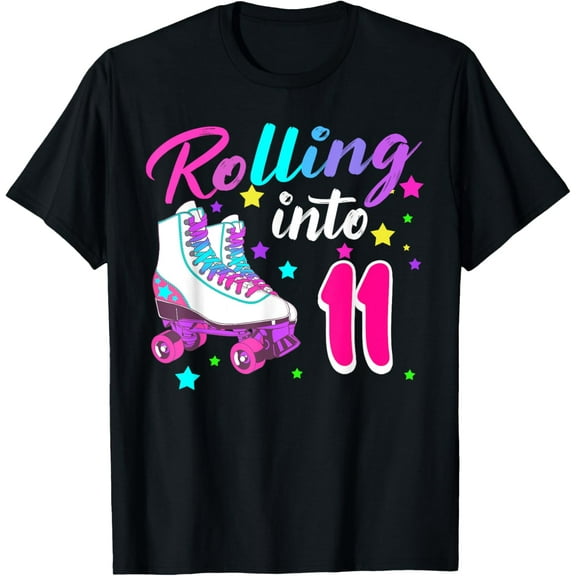 Rollin' into 11 Roller Skating Rink 11th Birthday Party Girl T-Shirt men and women can wear, black, white, gifts