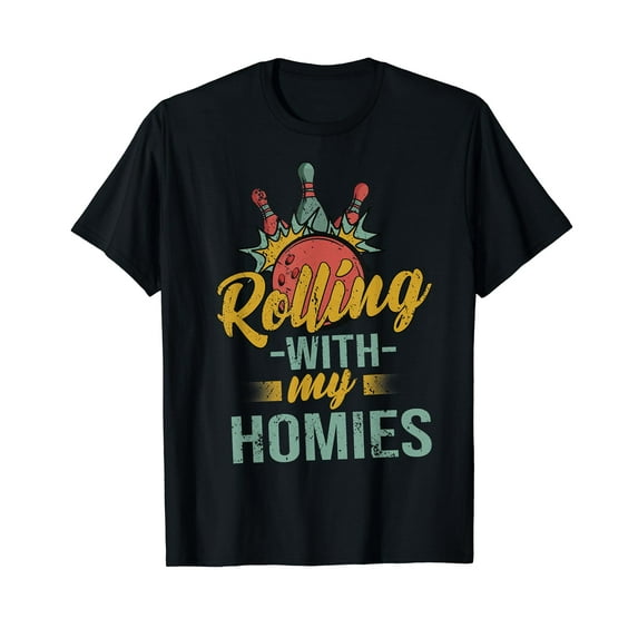 Rollin with my Homies Retro Bowling Black T-Shirt Crew Neck Tee